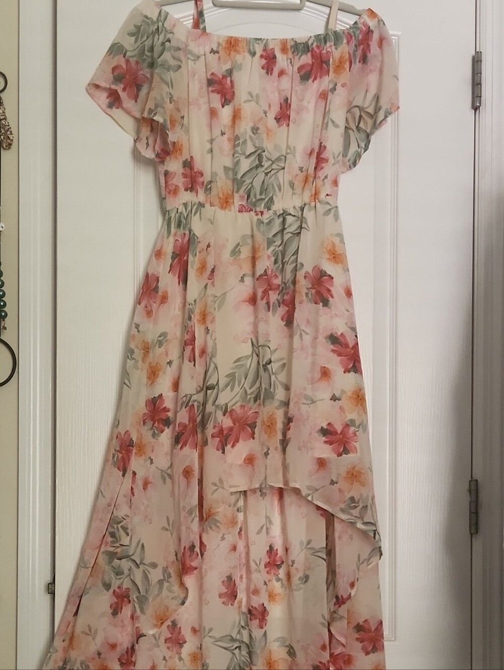 AUW Cream High-Low Floral Dress with Pink & Green Accents